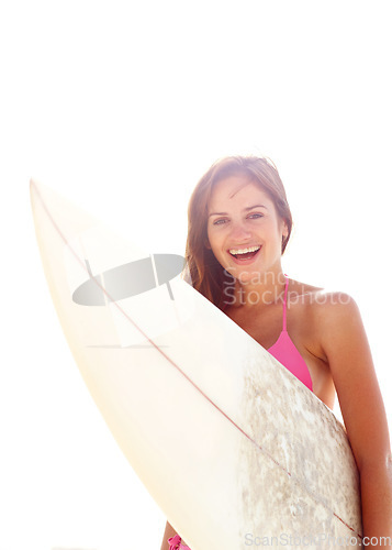 Image of Portrait, surfboard and happy woman in bikini at ocean for summer vacation, travel adventure or tropical island. Relax, surfing and girl at beach for holiday with waves, sunshine and smile in Hawaii.