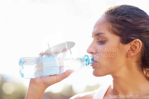 Image of Drinking water, fitness and woman outdoor for running, wellness or training on white background. Sports, liquid and face profile of female runner outside for exercise, workout or morning cardio run