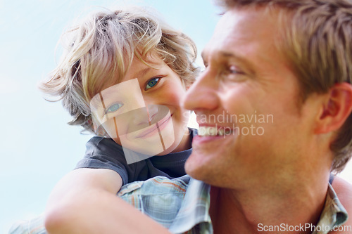 Image of Father, son and happy outdoor with piggyback for bonding, relationship and freedom with blue sky in nature. Family, man and boy child with playing, care and love for excitement, peace and support