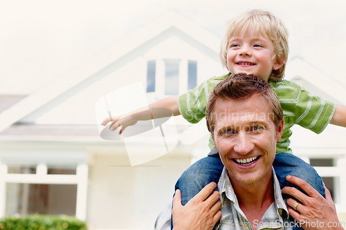 Image of Father, son and happy outdoor with piggyback for bonding, relationship and freedom in garden of house. Family, man or boy child with playing, flying and love for excitement, peace and support at home