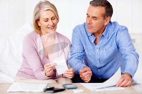 Image of Home, financial and senior couple with documents, budget and mortgage debt with insurance checklist, savings and asset management. Apartment, old woman or mature man with paperwork or retirement fund