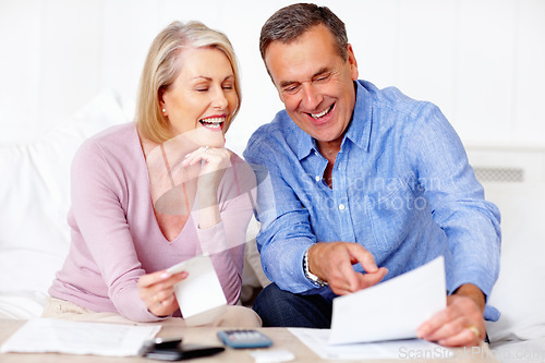 Image of Home, finance and senior couple with paperwork, savings or mortgage debt with insurance checklist, life or asset management. Apartment, old woman or mature man with budget planning or retirement fund