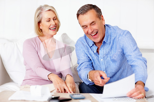 Image of Home, financial and old couple with documents, savings and mortgage debt with insurance checklist, life and asset management. Apartment, senior woman and mature man with paperwork and retirement fund