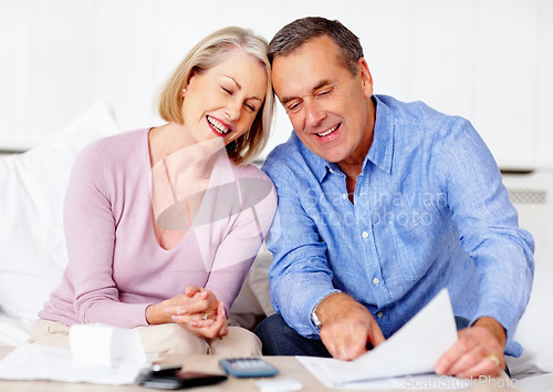 Image of Home, financial and senior couple with documents, taxes and mortgage debt with insurance checklist, invest and asset management. Apartment, old woman and mature man with paperwork and retirement fund