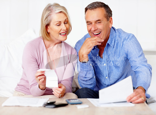 Image of Home, financial and old couple with documents, taxes and mortgage debt with insurance checklist, savings and asset management. Apartment, senior woman or mature man with investment or retirement fund