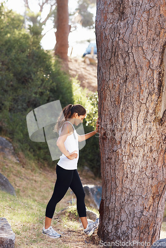 Image of Forest, tree and tired fitness woman in nature for run, training or cardio workout break Sports, fatigue or female runner stop to breath in park with trunk support for balance, vertigo or dehydration