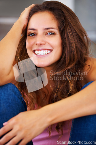 Image of Portrait, happy and woman relax in home, positive or comfort in living room in Australia. Face smile, person or young girl in house, confidence or natural beauty in profile picture at apartment alone