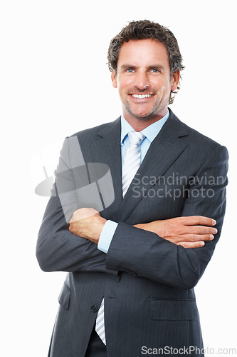 Image of Portrait, mature business man and arms crossed in studio for corporate consulting, executive work and professional broker on white background. Happy manager, financial advisor or entrepreneur in suit