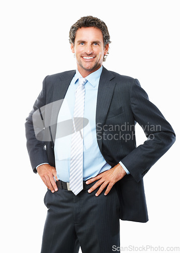 Image of Portrait, mature business man and corporate accountant in studio with pride, professional experience or executive entrepreneur. Happy manager, financial consultant or sales broker on white background