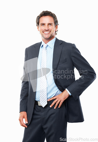 Image of Portrait, happy business man and corporate accountant in studio with pride, professional experience or executive manager. Mature entrepreneur, financial salesman or broker in suit on white background
