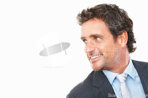 Image of Business, man and thinking of space in studio for ideas, future questions and memory on white background. Face, happy and mature entrepreneur dream of decision, planning solution and choice of mockup