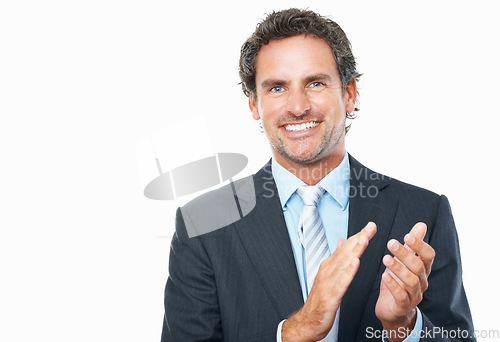 Image of Business man, portrait and applause in studio for success, praise or congratulations to winner on white background. Happy mature entrepreneur clapping hands to celebrate winning award at mockup space