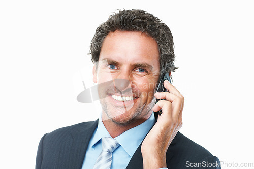 Image of Businessman, phone call and smile for networking, portrait and deal on tech, chat and studio. Male person, communication and connection or discussion on smartphone, consulting and white background