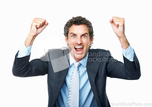 Image of Excited business man, portrait or fist for success, celebrate deal or winning promotion in studio on white background. Happy mature entrepreneur, giveaway prize winner or reward for bonus achievement