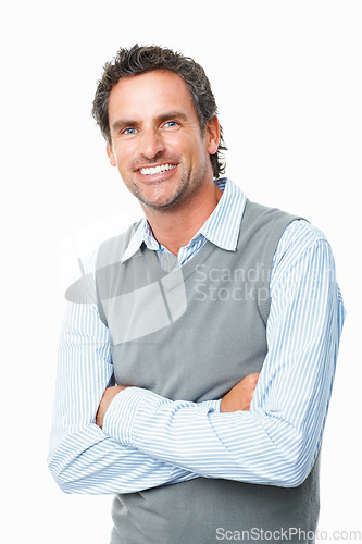 Image of Smile, crossed arms and mature businessman in studio with positive, good and confident attitude. Happy, portrait and professional male person from Australia with career isolated by white background.