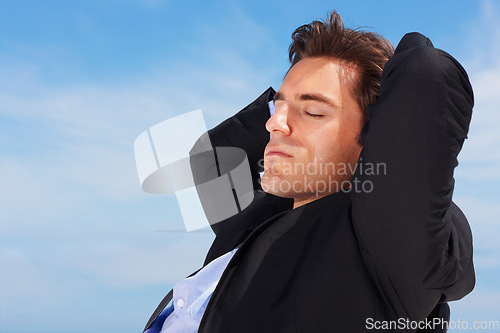 Image of Business man, relax and sleep outdoor with corporate professional in a chair with peace and calm. Worker, male employee and suit with mockup space and blue sky with job and career with nap and break