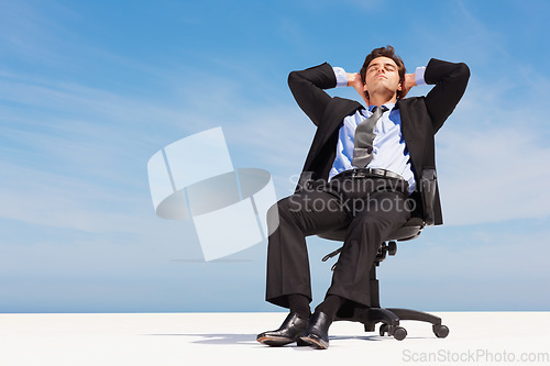 Image of Business man, relax and outdoor sleep of a corporate professional in a chair with peace from calm. Worker, male employee and suit with mockup space and blue sky with job and career with nap sitting