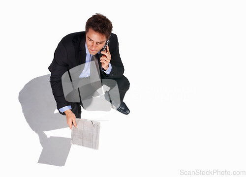 Image of Business, phone call and man in studio with newspaper, networking or communication with top view floor mockup. Travel, smartphone or above male journalist with paper, article or contact us newsletter