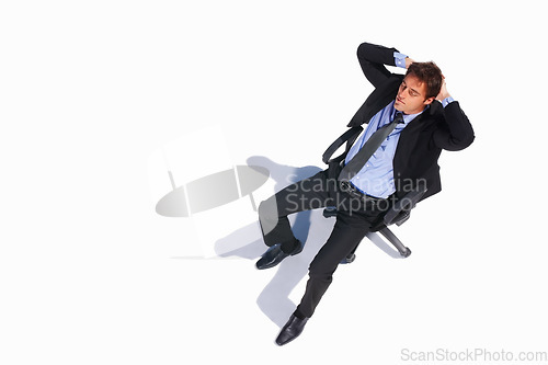 Image of Business man, tired and sleeping of a corporate professional in chair with nap in studio. Worker, male employee and suit with calm and relax with white background with job and career of mockup space