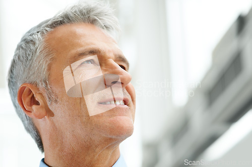 Image of Businessman, thinking and confident or business smile for future corporate, company or growth idea. Male person, mature manager and thoughts of office vision for professional, planning for project