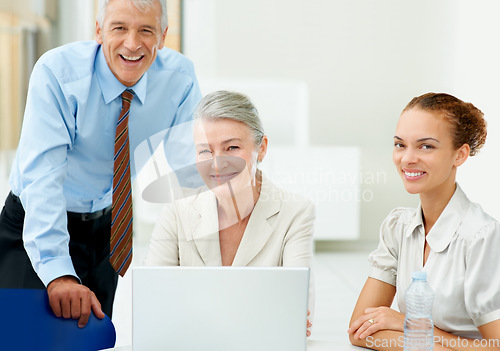 Image of Portrait, happy team and ceo on laptop in business meeting together, collaboration or cooperation. Senior face, group and professional financial consultants on computer, manager and people in office