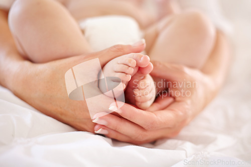 Image of Woman, child and feet closeup for love connection or childhood bonding, motherhood or newborn. Female person, infant and toes or care support for kid growth development, parent trust or nurture youth