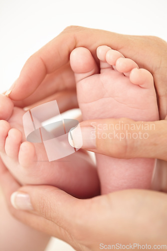 Image of Woman, child and feet closeup for holding love or childhood bonding, motherhood or newborn. Female person, infant and toes or care support for kid growth development, parent trust or nurture youth