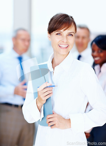 Image of Meeting, documents and portrait of business woman with team for collaboration, leadership and management. Corporate worker, company and face of manager for professional career, job and work in office