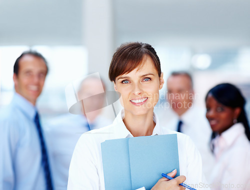 Image of Documents, team and portrait of business woman for collaboration, leadership and planning. Corporate worker, company and face of happy employee with report for meeting, feedback review and teamwork