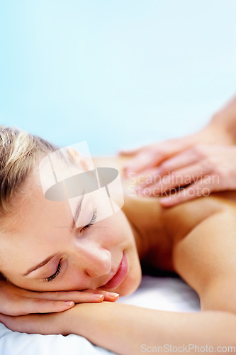 Image of Spa, massage and relax with woman, luxury resort and health with body care, treatment and holiday. Person, masseuse and girl on a weekend break, calm and wellness with peace, stress relief and zen