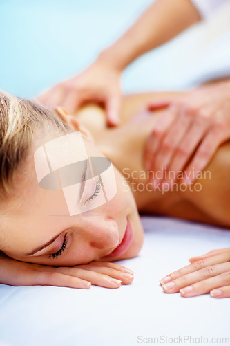 Image of Spa, massage and holiday with woman, luxury resort and health with body care, treatment and relax. Person, getaway and girl on a weekend break, calm and wellness with peace, stress relief and zen