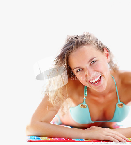 Image of Summer, travel and bikini with portrait of woman on towel for swimming, relax and vacation. Tropical, happy and holiday with face of person and sunbathing for outdoor, peace and swimwear mockup