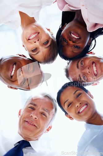 Image of Portrait, huddle or business people with smile, support and professionals with partnership, team building and solidarity. Happy, face or group circle with success, cooperation and company development