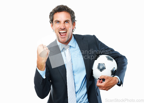 Image of Portrait, football and business with man, celebration and employee isolated on white studio background. Face, person and model with sports, excited and cheering with victory, winning and mockup space