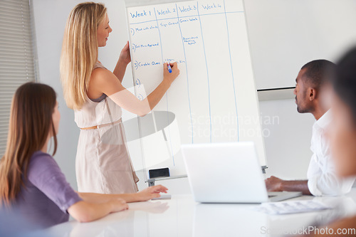 Image of Whiteboard presentation meeting, business people and leader writing agenda plan for project management. Morning briefing, boss and agency group attention, teamwork or planning schedule, list or tasks