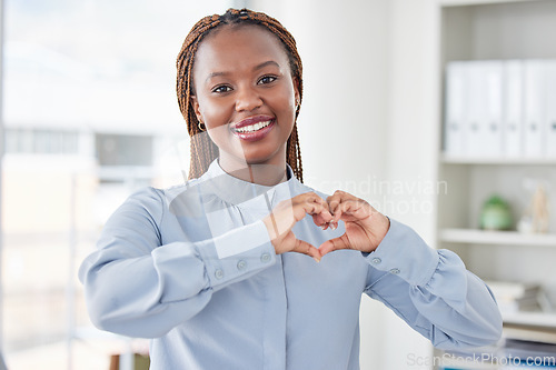 Image of Business, heart hands or portrait of black woman with love emoji for care, kindness or like review in office. Smile, happy or African worker with shape for thank you or sign of hope, support or peace