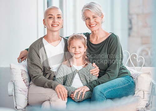 Image of Mother, grandmother and daughter on couch, portrait and hug with love, care and bonding in lounge at family house. Mama, grandma and girl child with embrace, relax and together on living room sofa