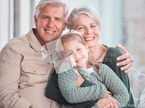 Image of Grandparents, hug and portrait on sofa with child, care and bonding with love, retirement and home living room. Happy old man, elderly woman and embrace girl in lounge, relax and pride in apartment