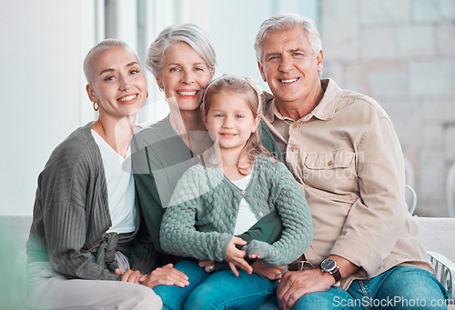 Image of Grandparents, girl and mother in portrait on sofa with hug, care or bonding with love in family home lounge. Elderly people, kid and mom with smile, relax and together on living room couch in house