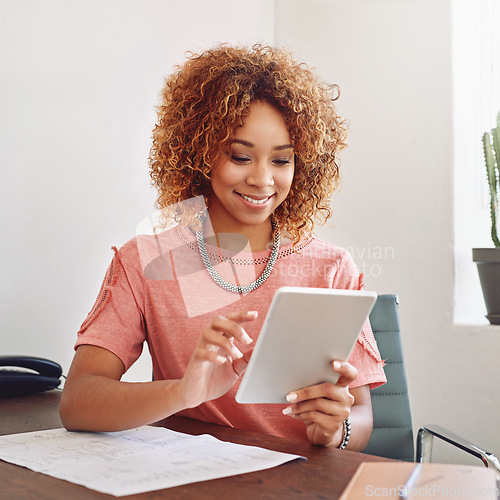 Image of Happy woman, communication or designer with tablet for research or analysis online on website. Networking, email or woman working SEO stats update on internet or app with smile in startup or office