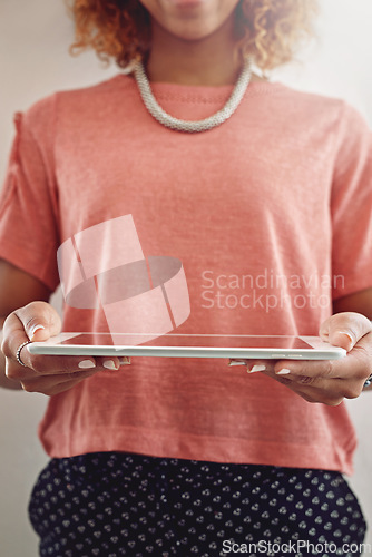 Image of Tablet, office or hands of woman with research for growth, revenue or stats data analysis on tech. Web design, networking or person working on algorithm strategy or digital SEO on web report update