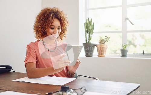 Image of Tablet, happy woman or designer with chart for research, technology or analysis online on website. Reading data analytics, planning or person working stats update on internet or app with paperwork