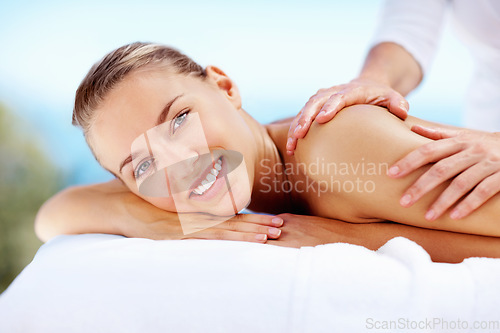 Image of Woman, portrait and happy at spa for back massage wellness cosmetics and holistic therapy outdoor at holiday resort. Beauty salon, skincare and client smile for treatment, healing and luxury vacation