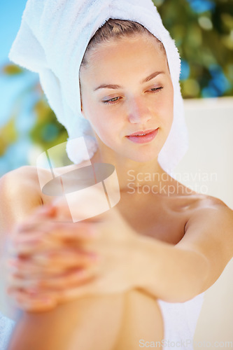 Image of Skin care, thinking and woman with towel for epilation, hair removal or shave treatment for hygiene. Beauty, clean and young female person from Canada with wax, laser or depilation routine for health