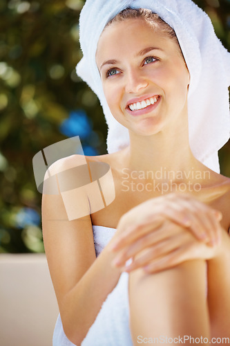 Image of Smile, body care and woman with towel for epilation, hair removal or shaving treatment for hygiene. Beauty, happy and happy young female person from Canada with wax or depilation routine for health.