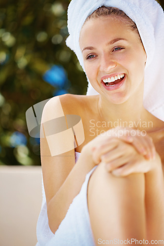 Image of Smile, body care and woman with towel for epilation, hair removal or shaving treatment for hygiene. Beauty, happy and happy young female person from Canada with wax or depilation routine for health.