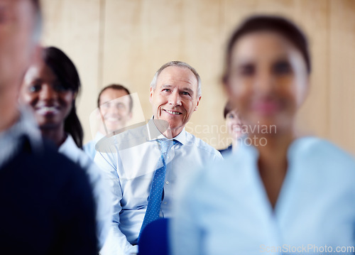 Image of Office, conference and business people in meeting for discussion, seminar and presentation audience. Corporate, company and happy men and women sitting for workshop, training and team building