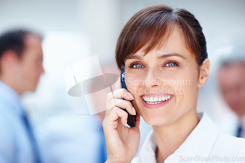 Image of Business woman, phone call and happy portrait in office of a lawyer with confidence and smile. Working and company employee with attorney networking and law firm with discussion of corporate staff