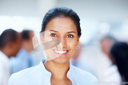 Image of Business woman, professional and portrait in a office of a lawyer with confidence and smile. Happy, working and company employee from India ready for attorney and law firm worker with corporate staff