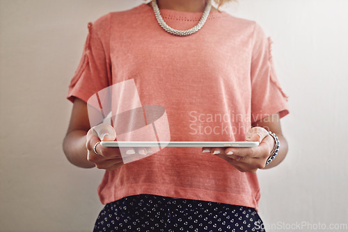 Image of Tablet, office or hands of woman with data analytics for growth, revenue or stats in office. Web design, strategy analysis or person working on algorithm research or digital SEO on web report update